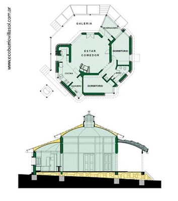 Planos arquitectónicos de planta y corte de una cabaña ecológica en la eco-villa