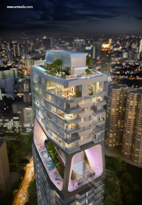 Vista a vuelo de pájaro con las unidades iluminadas por dentro Torre The Scotts en Singapur vista nocturna de la coronación