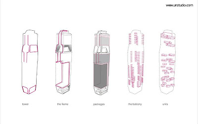Renderizado del edificio de viviendas Torre The Scotts en Singapur Dibujos técnicos que muestran aspectos de la estructura de la torre