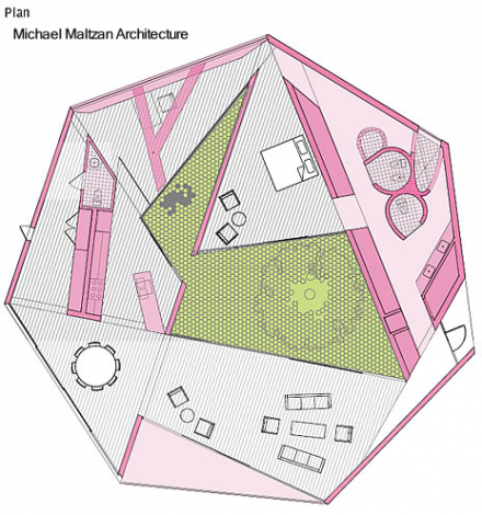 Planta de la residencia con espacios y ambientes definidos Plano de arquitectura de casa contemporánea en California