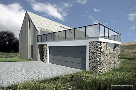 Perspectiva de la residencia que combina techo a dos aguas con otro plano transitable Cocheras de la casa