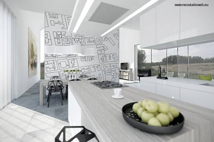 Otro de los cuartos de la casa visto por medio de una imagen del renderizado del proyecto Cocina comedor casa Contemporánea