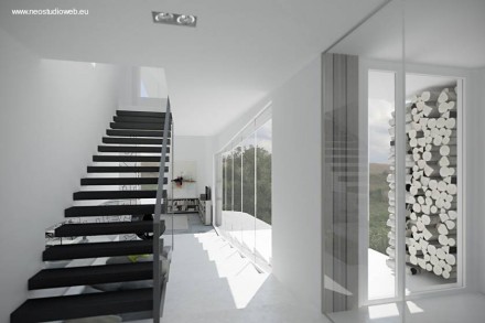 Una vista en perspectiva de un sector interior de la casa Escalera casa Contemporánea