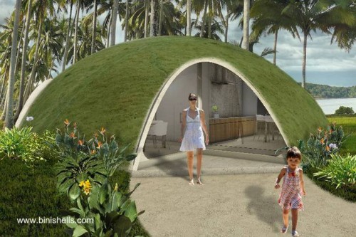 Modelo de casa con techo cubierto de césped