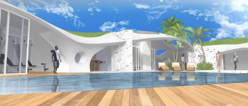 Vista a nivel de la piscina en la residencia