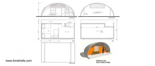 Planos de planta y cortes de un modelo de casa Binishell