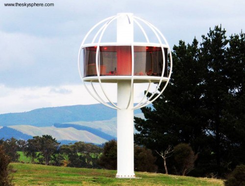 Casa redonda elevada sobre un pie en Nueva Zelanda